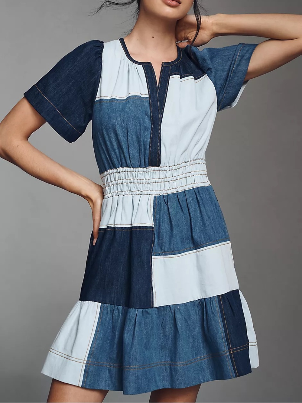 NWT Anthropologie Somerset Patchwork Boho Denim Blue Short-Sleeve Mini S